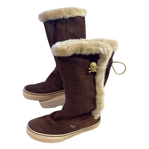Vans Dasan Sneaker Boots Women’s Size 7 Brown Suede Fur Lined Tall Skull Button - Picture 2 of 14